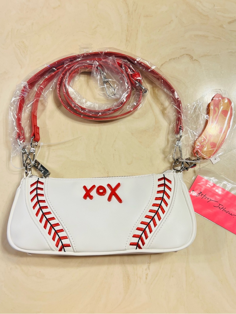 ⚾️🌭BETSEY JOHNSON Baseball Shoulder Bag Crossbody Strap with Hotdog Bag Charm